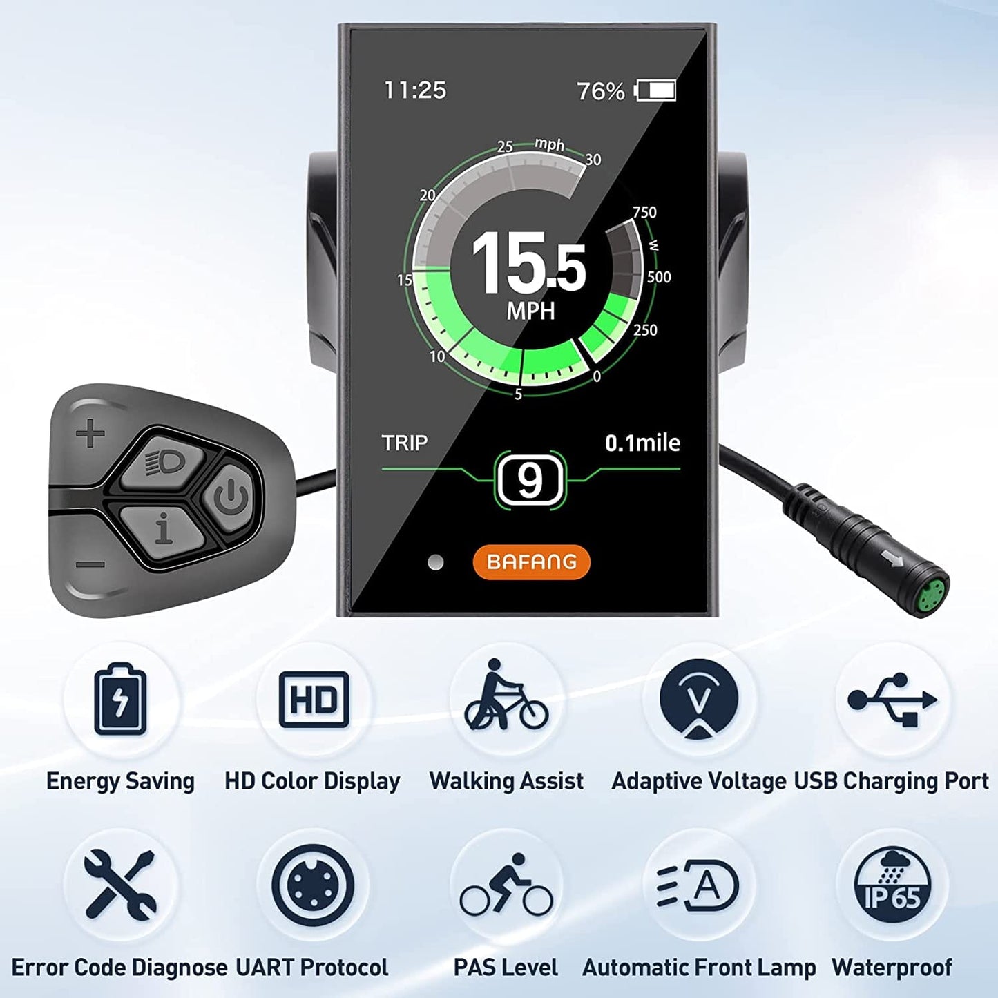 Digital Display for E-MTB - Kasen K2 1000w & K2 Pro 1000w E-Bikes  BAFANG DP C18.UART Full Color LCD Display for | 9-Level Pedal Assist, USB Charging, Error Codes